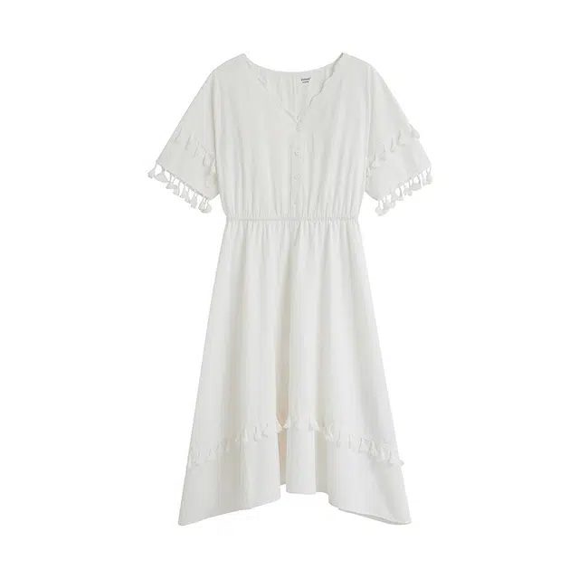 茵曼 度假风流苏提花蝙蝠袖裙子短袖连衣裙 女款