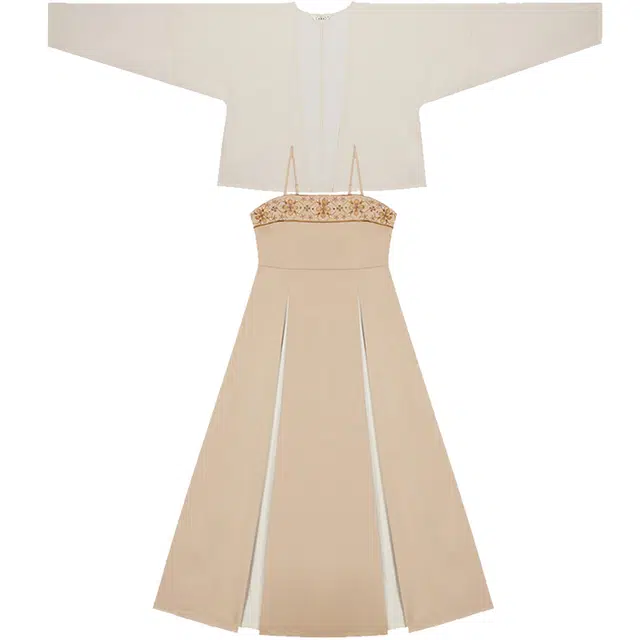 织造司 小团花 植物花卉汉元素改良开衫吊带裙国风收腰长裙原创汉服 栗色 女款