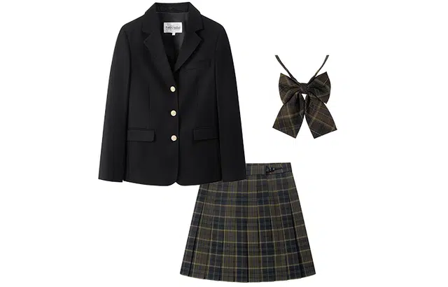 东鲸岁时记 纯色翻领西装外套格子短款百褶裙制服套装 女款