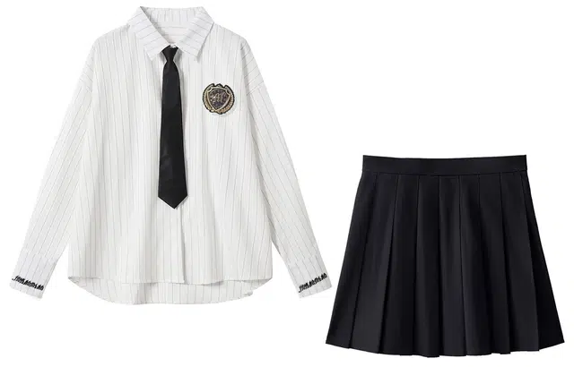 九条喵 竖条纹尖领长袖衬衫高腰百褶短裙制服 女款