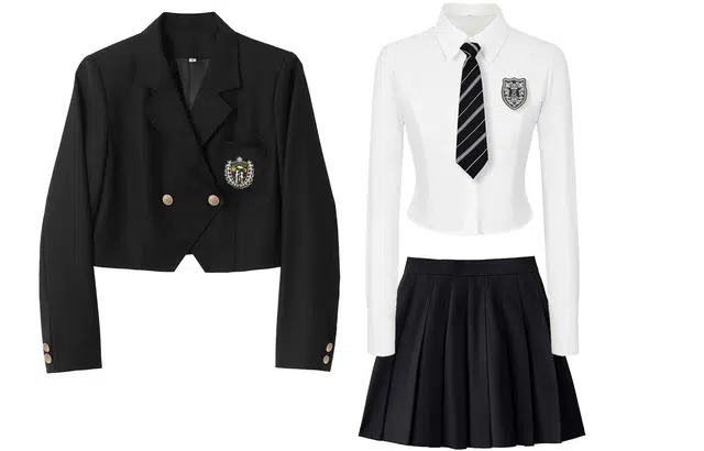 九条喵 徽章刺绣短款西装外套长袖衬衫纯色百褶短裙制服 女款