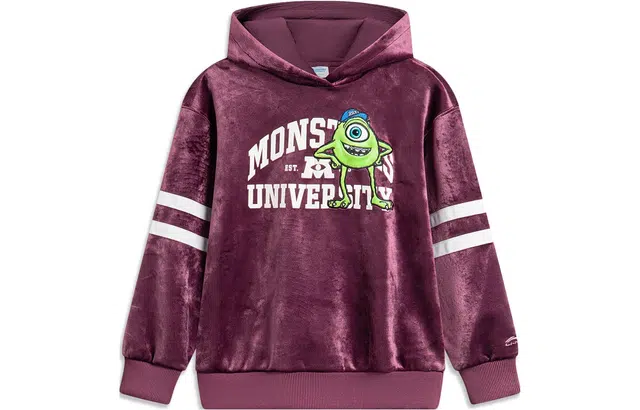 李宁儿童 怪兽大学联名系列字母卡通印花宽松连帽套头卫衣 儿童款 葡萄紫