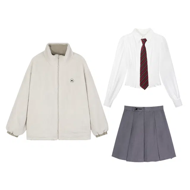 冰淇淋与鲸 学院风双面穿翻领宽松百搭拉链棉服羊羔毛外套纯色长袖收腰衬衫高腰短款百褶半身裙裙装套装 女款