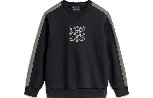 青少年 李宁儿童 运动生活系列 撞色刺绣图案宽松套头卫衣 黑色