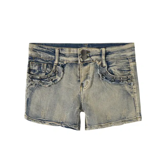 花山家的猫 修身低腰拉链牛仔短裤 女款 天蓝色