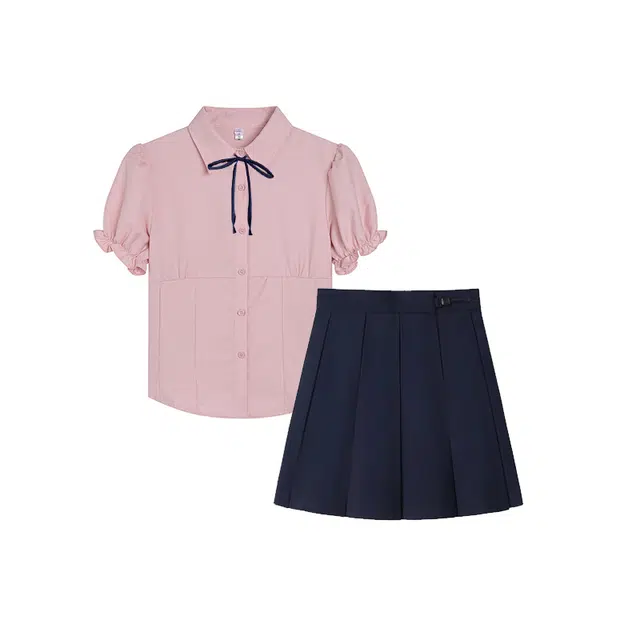 冰淇淋与鲸 学院风方领仙女收腰短款短袖衬衫搭配领结高腰开叉百褶裙裤套装制服 女款