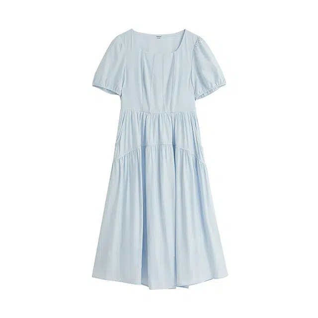 茵曼 简约方领分割收褶浪漫泡泡袖中长裙子长袖连衣裙 女款