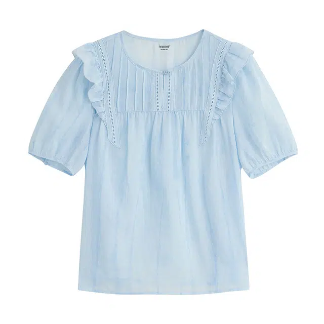 茵曼 浪漫轻薄苎麻印花度假花边宽松衬衣短袖衬衫 女款