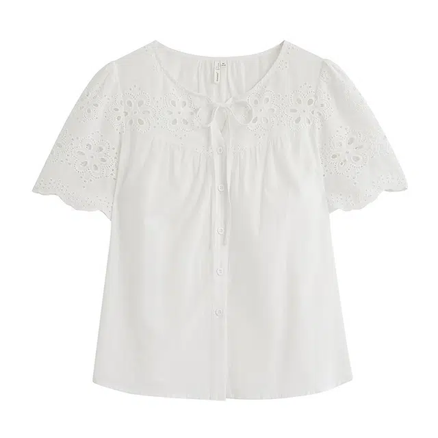 茵曼 清新白蕾丝气质刺绣衬衣短袖衬衫 女款
