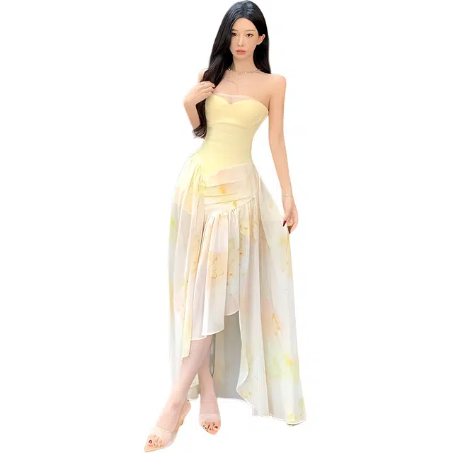 纤丝鸟 法式蕾丝拼接印花长裙不规则开叉抹胸裙海边旅游拍照三亚无袖连衣裙 女款