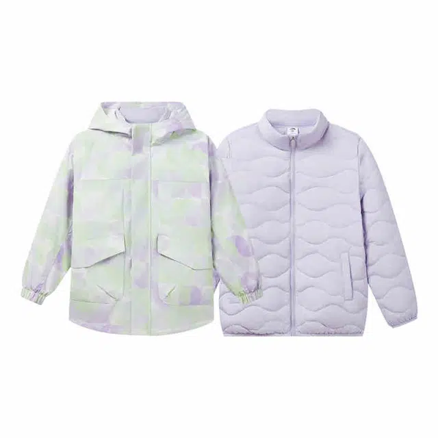 安踏儿童羽绒服 拼色拉链连帽舒适透气三合一保暖 满印/豆蔻紫 青少年