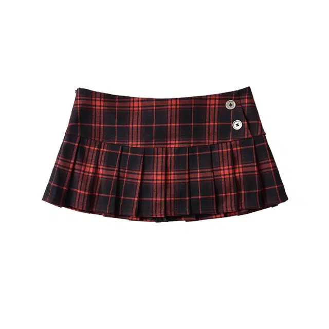哒头下雨不愁 美式复古低腰色格子防走光时尚百褶休闲短裙 女款 黑红色