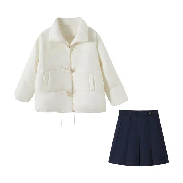 花山家的猫 纯色加厚短款牛角扣棉服高腰百褶短裙制服 女款