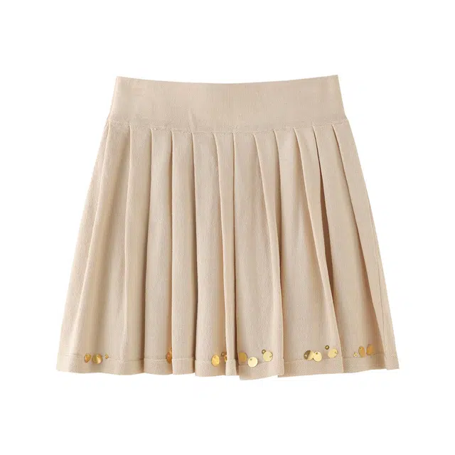 花栗鼠小姐 松栗可可 温柔高级感学院风松紧高腰压褶下摆亮片休闲短裙 女款 杏色