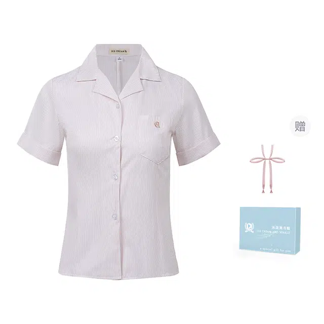 冰淇淋与鲸 学院风穿搭校供感小衫修身刺绣衬衣气质上衣短袖衬衫 女款 礼盒装 粉色开襟细条纹短袖衬衫