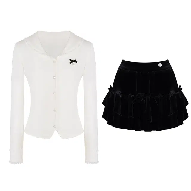 花铃太太 小众娃娃领长袖上衣中腰半身裙裙装套装 女