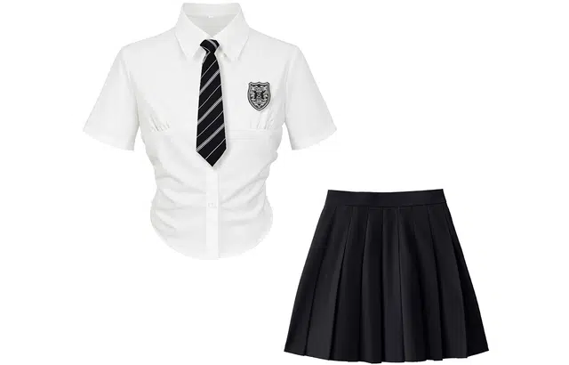 九条喵 收腰短款短袖衬衫徽章领带纯色百褶半身裙显瘦制服套装