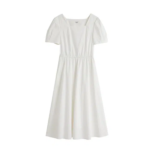 茵曼 纯棉通勤法式方领收腰长裙子短袖连衣裙 女款