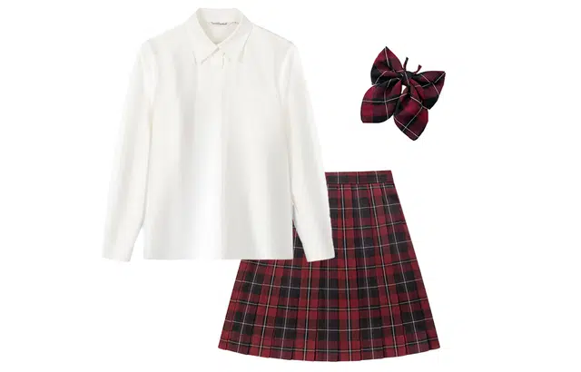 东鲸岁时记 纯色长袖衬衫百褶格纹短裙蝴蝶结制服套装 女款