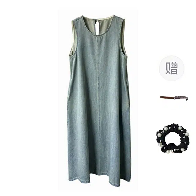 雾闪闪 日杂风古着牛仔背心裙配腰带圆领宽松显瘦休闲无袖连衣裙 女款