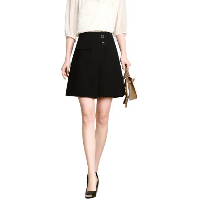 粉红玛琍 纯色高腰短款包臀休闲短裙 女款 黑色