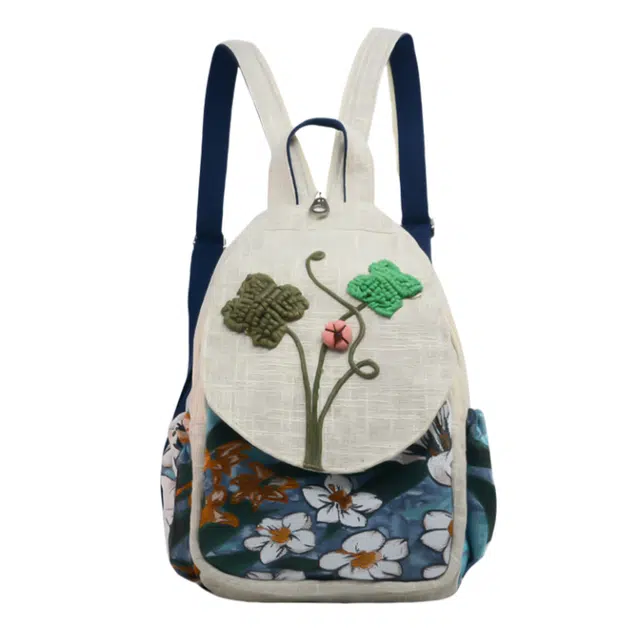 南潇湘 复古风百搭设计潮流外出通勤简约小众高颜值精美配色休闲感高中生大学生 麻 双肩包 常规 男女同款情侣款 乳白色