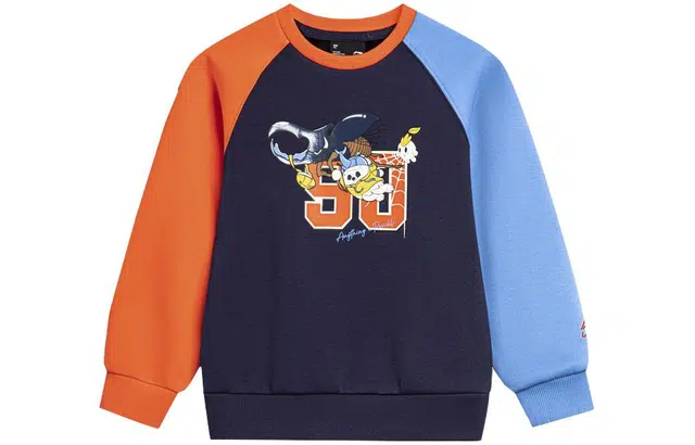 李宁儿童 运动生活系列 加绒卡通动漫拼接圆领套头抓绒卫衣 儿童款 航舰蓝拼艳橙色