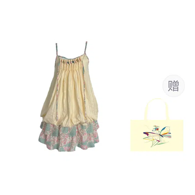 木清清 夏季民族风植物花卉粉绿碎花拼接褶皱花苞宽松短款吊带连衣裙 女款 黄色