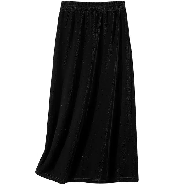 她池 高腰复古纯色休闲长裙 女款 黑色