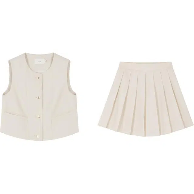 沫晗依美 圆领简约马甲纯色短裙裙装套装 女款 米白色