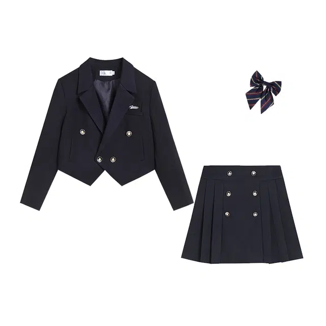 冰淇淋与鲸 短款长袖制服纯色半身裙制服 女款 黑色