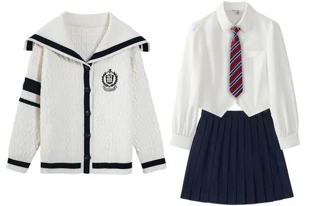 九条喵 海军蓝单排扣毛衣翻领长袖衬衫纯色短款百褶裙制服套装 女款