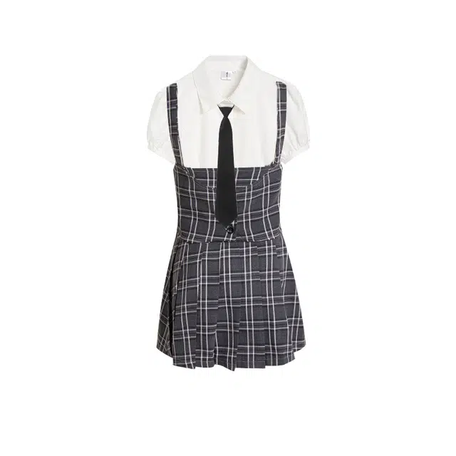 冰淇淋与鲸 美式复古制服套装显瘦英伦格纹裙两件套收腰衬衫制服 女款