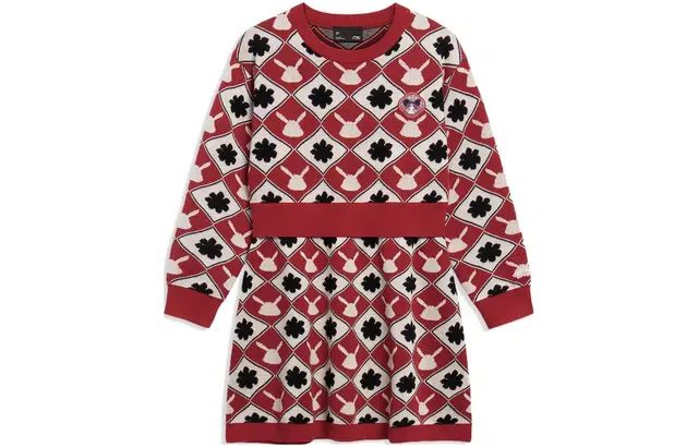 李宁儿童 运动生活系列生活系列 兔子花卉满印图案拼接圆领长袖连衣裙 夏 儿童款