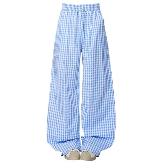 稻草人 美式复古小众设计感小香风格子宽松直筒阔腿垂感慵懒风舒适通勤系带高腰纯棉休闲裤 女款