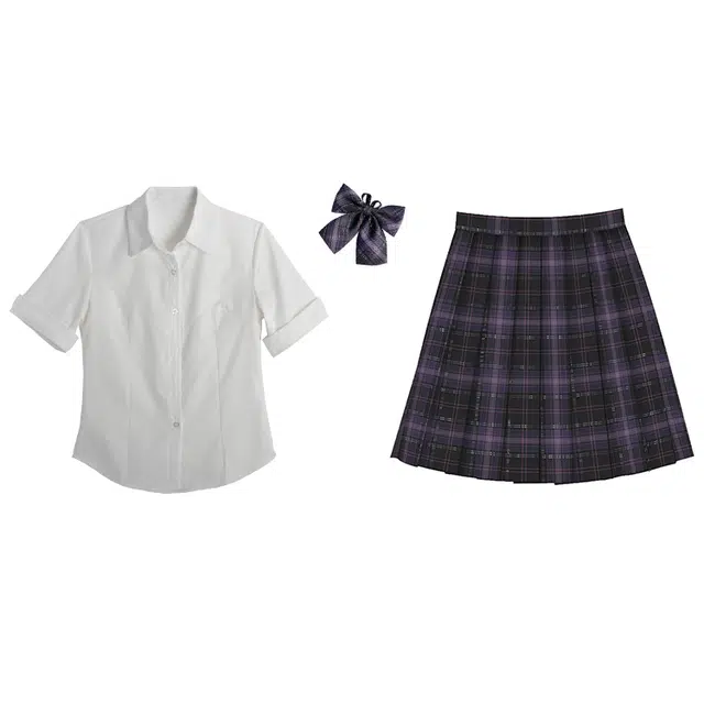 兔半眠 纯色尖领短袖衬衫配领结格子半身短裙制服 女款