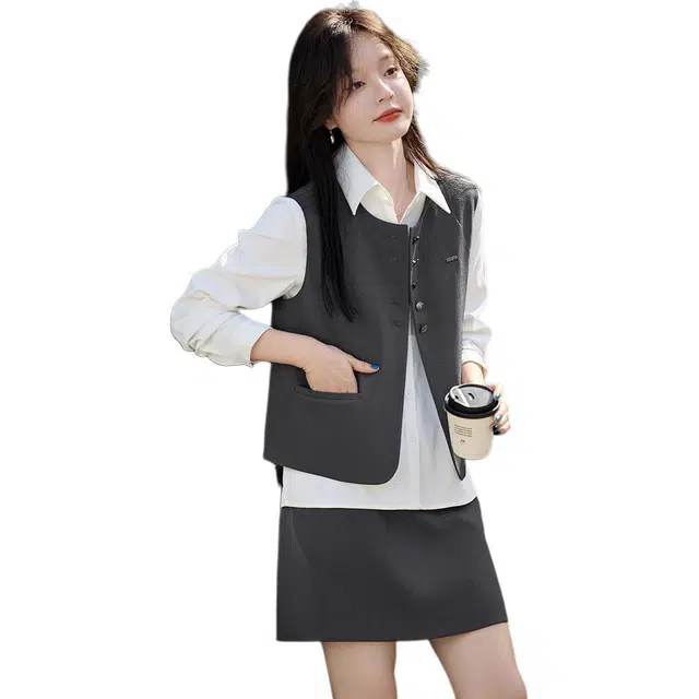 沫晗依美 圆领通勤简约上衣纯色时尚舒适裙子裙装套装 女款 麻灰色