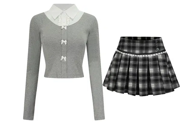 九条喵 学院风针织小衫假两件翻领上衣格子高腰百褶短裙裙装套装 女款