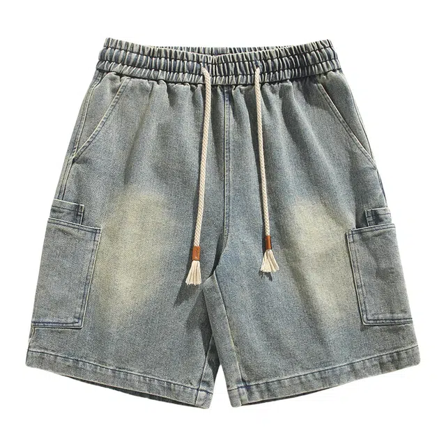 加荣 薄款美式高街大码水洗做旧痞帅宽松休闲五分裤工装牛仔短裤 男女同款