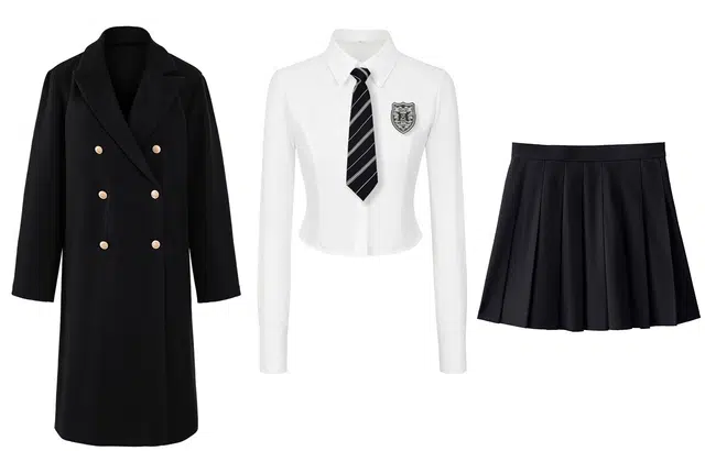 九条喵 纯色双排扣大衣徽章刺绣尖领长袖衬衫纯色高腰百褶短裙制服 女款 黑色