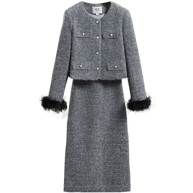 她池 小香风短款圆领单排扣长袖高腰半身中长裙裙装套装 女款 灰色