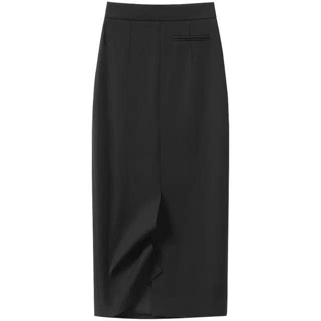 她池 修身纯色高腰开叉时尚包臀休闲长裙 女款 黑色