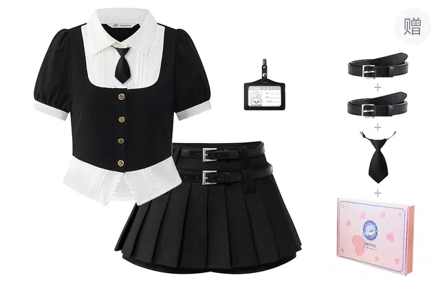 东鲸岁时记 学院风拼色假两件短袖衬衫百褶裙制服 女款 礼盒装