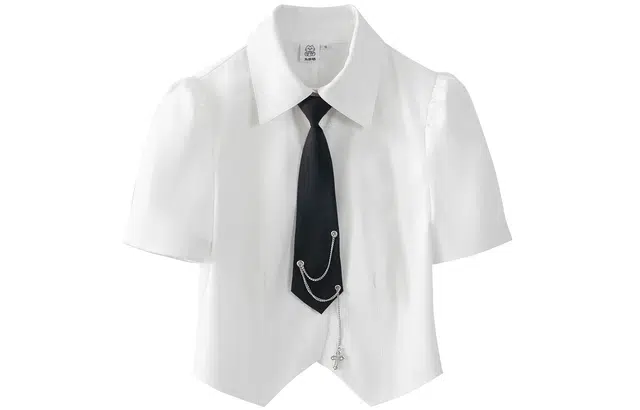 九条喵 纯色领带修身收腰短袖衬衫制服上装 女款 白色