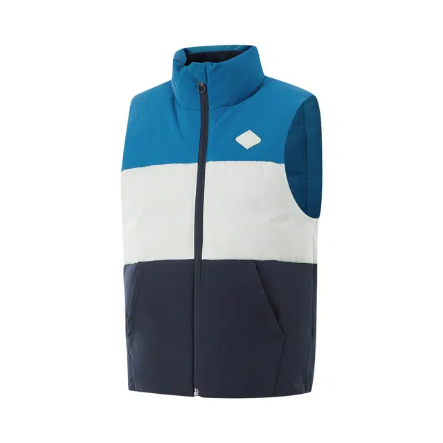 李宁儿童 运动生活系列 字母撞色舒适柔软羽绒马甲 水影蓝/乳白色/深海军蓝中小童