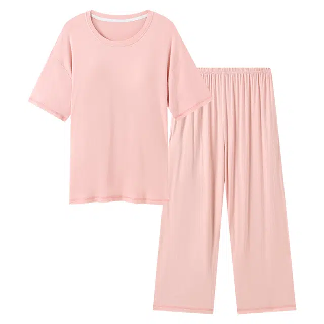 好福份 舒适圆领短袖长裤纯色粉色休闲可外穿家居服睡衣套装 女款