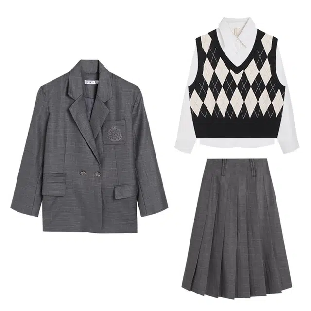 冰淇淋与鲸 纯色双排扣西装外套菱格套头针织马甲长袖衬衫高腰百褶半身裙制服 女款