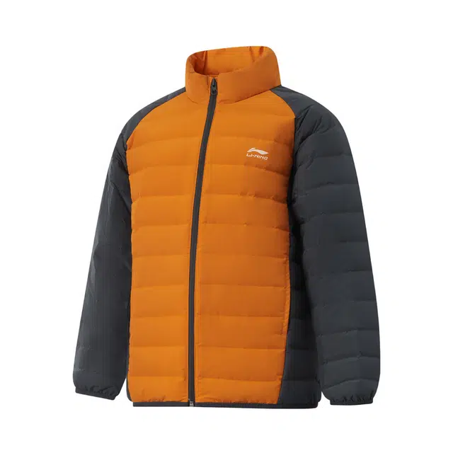 李宁儿童 运动生活系列 时尚洋气舒适百搭插肩立领拼色羽绒服 果酱橙/炭黑色 青少年