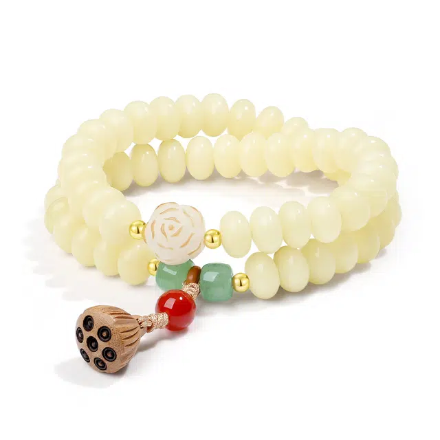 【普陀山官方已祝福】 普陀山文创 好运莲莲双圈手链转运盘玩文玩佛珠转运 生日纪念日礼盒  白玉菩提 手串 男女同款情侣款