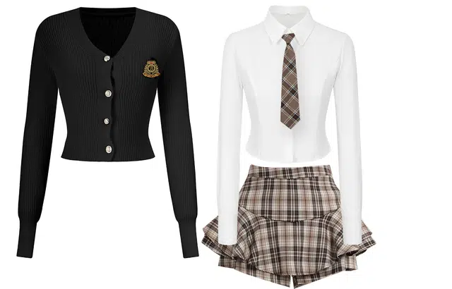 九条喵 高级时尚小众针织衫设计感小个子甜美衬衣慵懒甜酷风格半身裙裙装套装 女款